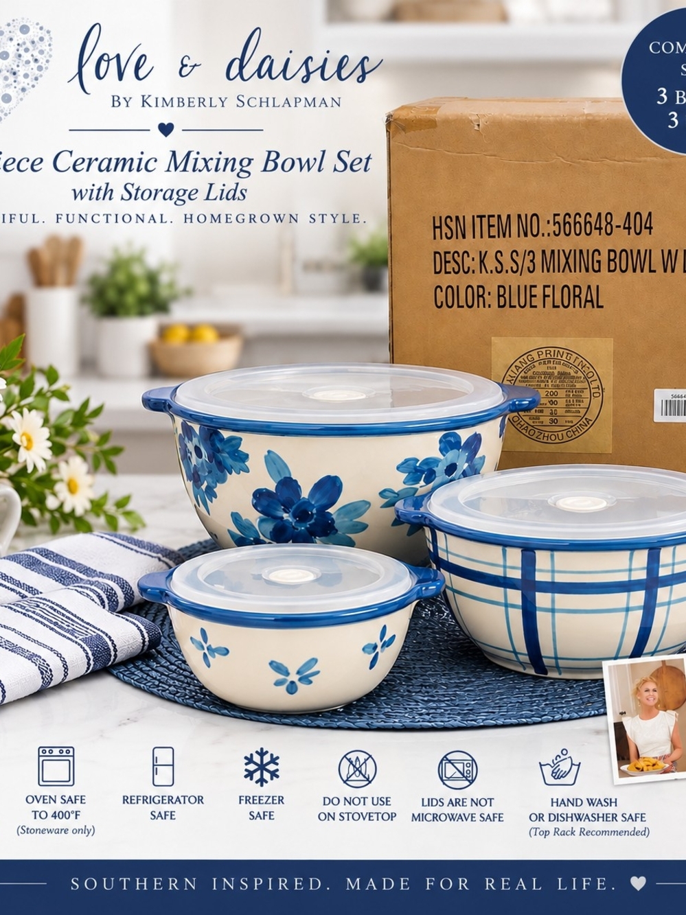Love & Daisies Kimberly Schlapman 3pc Ceramic Mixing Bowls Lids Blue Floral